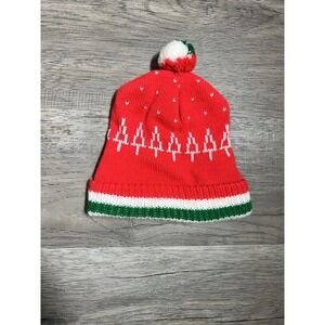 Vintage 1980s Infant Retro Handmade Knit Winter  Hat With Pompom, Hearts, Trees